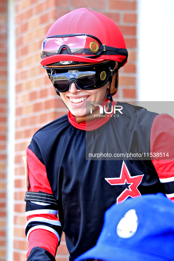 Jockey Sofia Vives leaves the paddock ahead of the second race at Woodbine Racetrack in Toronto, Canada, on September 1, 2024. 