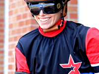 Jockey Sofia Vives leaves the paddock ahead of the second race at Woodbine Racetrack in Toronto, Canada, on September 1, 2024. (