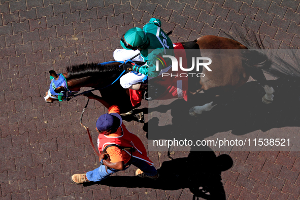 Jockey Keveh Nicholls rides Shameless Affair out of the paddock ahead of the third race at Woodbine Racetrack in Toronto, Canada, on Septemb...