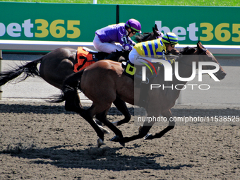 Jockey Sofia Vives rides Home for a Rest (6) to a win in the third race at Woodbine Racetrack in Toronto, Canada, on September 1, 2024. (