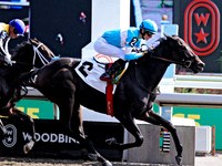 Jockey Pietro Moran rides Ada May to a win in the fifth race at Woodbine Racetrack in Toronto, Canada, on September 1, 2024. (