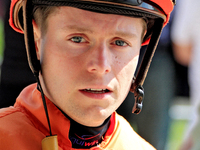 Jockey Austin Adams speaks with connections following the fifth race at Woodbine Racetrack in Toronto, Canada, on September 1, 2024. (