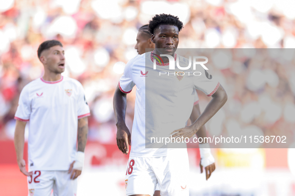 Luciem Agoume of Sevilla FC is in action during the La Liga EA Sports match between Sevilla FC and Girona CF at Nuevo Mirandilla in Seville,...