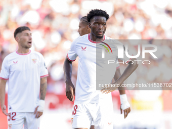 Luciem Agoume of Sevilla FC is in action during the La Liga EA Sports match between Sevilla FC and Girona CF at Nuevo Mirandilla in Seville,...