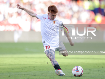 Valentin Barco of Sevilla FC hits the ball during the La Liga EA Sports match between Sevilla FC and Girona CF at Nuevo Mirandilla in Sevill...