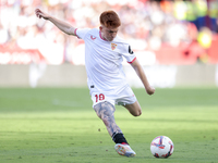 Valentin Barco of Sevilla FC hits the ball during the La Liga EA Sports match between Sevilla FC and Girona CF at Nuevo Mirandilla in Sevill...