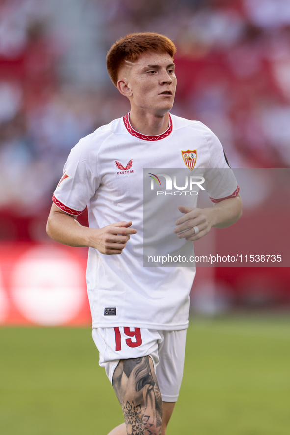 Valentin Barco of Sevilla FC is in action during the La Liga EA Sports match between Sevilla FC and Girona CF at Nuevo Mirandilla in Seville...