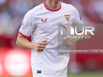 Valentin Barco of Sevilla FC is in action during the La Liga EA Sports match between Sevilla FC and Girona CF at Nuevo Mirandilla in Seville...