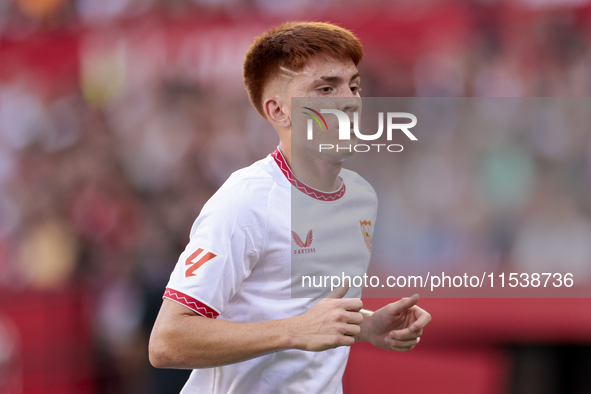 Valentin Barco of Sevilla FC is in action during the La Liga EA Sports match between Sevilla FC and Girona CF at Nuevo Mirandilla in Seville...