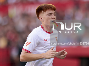 Valentin Barco of Sevilla FC is in action during the La Liga EA Sports match between Sevilla FC and Girona CF at Nuevo Mirandilla in Seville...