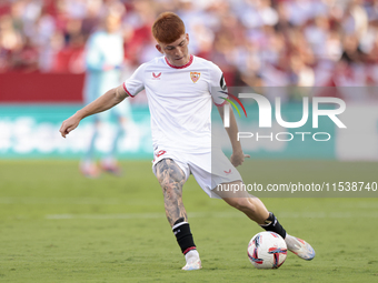 Valentin Barco of Sevilla FC makes a center to the area during the La Liga EA Sports match between Sevilla FC and Girona CF at Nuevo Mirandi...