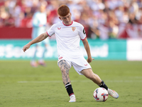 Valentin Barco of Sevilla FC makes a center to the area during the La Liga EA Sports match between Sevilla FC and Girona CF at Nuevo Mirandi...