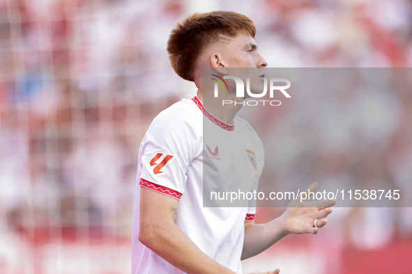 Valentin Barco of Sevilla FC reacts to a missed opportunity during the La Liga EA Sports match between Sevilla FC and Girona CF at Nuevo Mir...