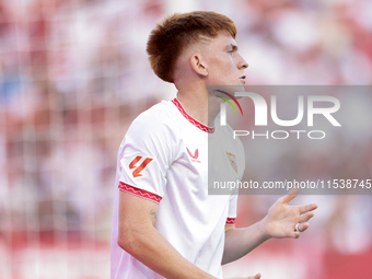 Valentin Barco of Sevilla FC reacts to a missed opportunity during the La Liga EA Sports match between Sevilla FC and Girona CF at Nuevo Mir...