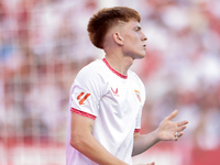 Valentin Barco of Sevilla FC reacts to a missed opportunity during the La Liga EA Sports match between Sevilla FC and Girona CF at Nuevo Mir...