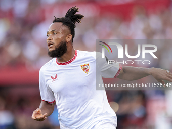 Chidera Ejuke of Sevilla FC reacts to a missed opportunity during the La Liga EA Sports match between Sevilla FC and Girona CF at Nuevo Mira...