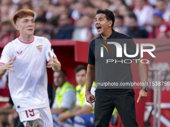 Miguel Angel Sanchez ''Michel'', head coach of Girona FC, gives instructions during the La Liga EA Sports match between Sevilla FC and Giron...