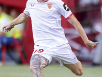 Valentin Barco of Sevilla FC makes a center to the area during the La Liga EA Sports match between Sevilla FC and Girona CF at Nuevo Mirandi...