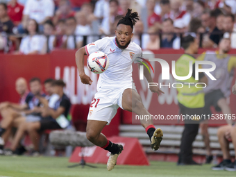 Chidera Ejuke of Sevilla FC controls the ball during the La Liga EA Sports match between Sevilla FC and Girona CF at Nuevo Mirandilla in Sev...