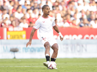 Loic Bade of Sevilla FC passes the ball during the La Liga EA Sports match between Sevilla FC and Girona CF at Nuevo Mirandilla in Seville,...