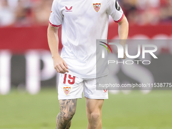 Valentin Barco of Sevilla FC runs with the ball during the La Liga EA Sports match between Sevilla FC and Girona CF at Nuevo Mirandilla in S...