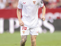 Valentin Barco of Sevilla FC runs with the ball during the La Liga EA Sports match between Sevilla FC and Girona CF at Nuevo Mirandilla in S...