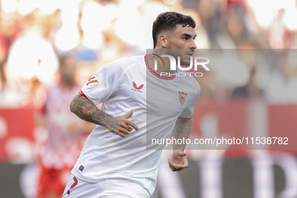 Isaac Romero of Sevilla FC is in action during the La Liga EA Sports match between Sevilla FC and Girona CF at Nuevo Mirandilla in Seville,...