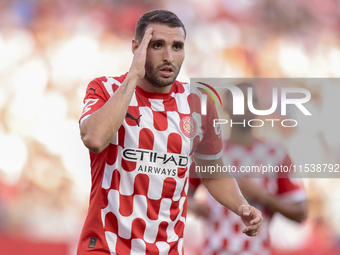 Abel Ruiz of Girona FC reacts to a missed opportunity during the La Liga EA Sports match between Sevilla FC and Girona CF at Nuevo Mirandill...