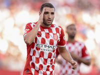 Abel Ruiz of Girona FC reacts to a missed opportunity during the La Liga EA Sports match between Sevilla FC and Girona CF at Nuevo Mirandill...