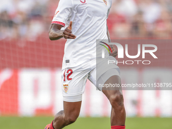 Albert Sambi Lokonga of Sevilla FC runs with the ball during the La Liga EA Sports match between Sevilla FC and Girona CF at Nuevo Mirandill...