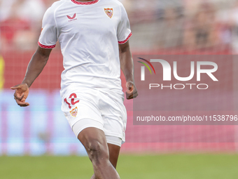 Albert Sambi Lokonga of Sevilla FC runs with the ball during the La Liga EA Sports match between Sevilla FC and Girona CF at Nuevo Mirandill...