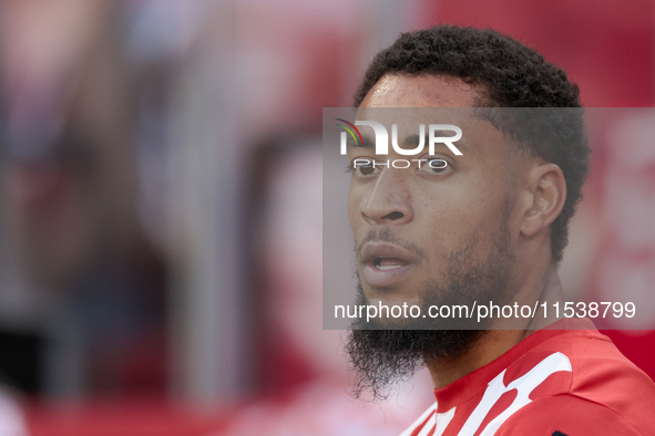 Arnau Danjuma of Girona FC is in action during the La Liga EA Sports match between Sevilla FC and Girona CF at Nuevo Mirandilla in Seville,...