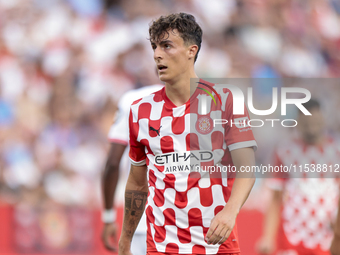 Alejandro Frances of Girona FC is in action during the La Liga EA Sports match between Sevilla FC and Girona CF at Nuevo Mirandilla in Sevil...