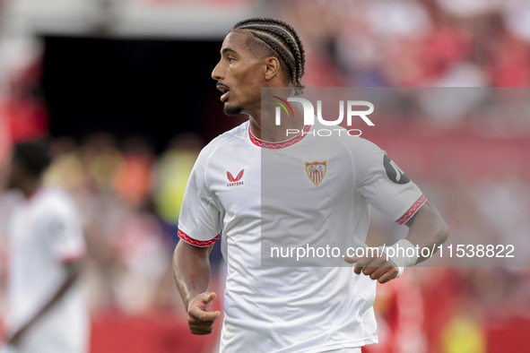 Loic Bade of Sevilla FC during the La Liga EA Sports match between Sevilla FC and Girona CF at Nuevo Mirandilla in Seville, Spain, on Septem...