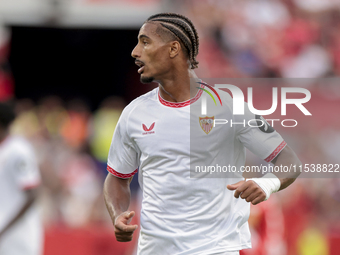 Loic Bade of Sevilla FC during the La Liga EA Sports match between Sevilla FC and Girona CF at Nuevo Mirandilla in Seville, Spain, on Septem...