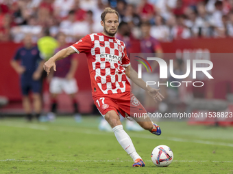 Daley Blind of Girona FC passes the ball during the La Liga EA Sports match between Sevilla FC and Girona CF at Nuevo Mirandilla in Seville,...