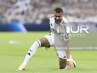 Kylian Mbappe of Real Madrid reacts to a missed opportunity during the La Liga 2024/25 match between Real Madrid and Real Betis at Santiago...