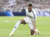 Kylian Mbappe of Real Madrid reacts to a missed opportunity during the La Liga 2024/25 match between Real Madrid and Real Betis at Santiago...