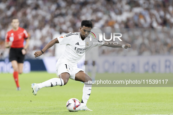 Rodrygo Goes of Real Madrid during the La Liga 2024/25 match between Real Madrid and Real Betis at Santiago Bernabeu Stadium in Madrid, Spai...