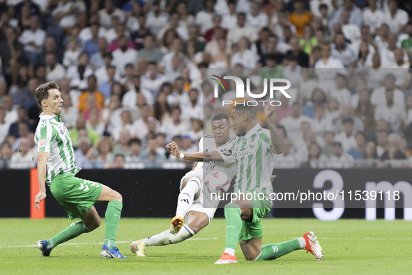 Kylian Mbappe of Real Madrid is in action during the La Liga 2024/25 match between Real Madrid and Real Betis at Santiago Bernabeu Stadium i...