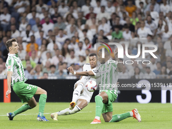 Kylian Mbappe of Real Madrid is in action during the La Liga 2024/25 match between Real Madrid and Real Betis at Santiago Bernabeu Stadium i...