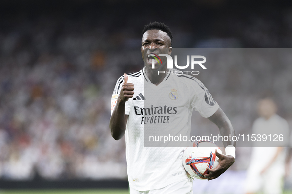 Vinicius Jr of Real Madrid during the La Liga 2024/25 match between Real Madrid and Real Betis at Santiago Bernabeu Stadium in Madrid, Spain...