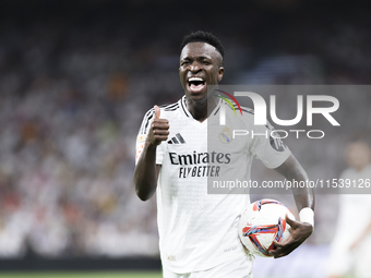 Vinicius Jr of Real Madrid during the La Liga 2024/25 match between Real Madrid and Real Betis at Santiago Bernabeu Stadium in Madrid, Spain...