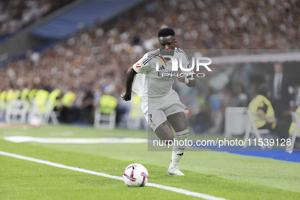 Vinicius Jr of Real Madrid during the La Liga 2024/25 match between Real Madrid and Real Betis at Santiago Bernabeu Stadium in Madrid, Spain...