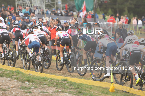 Cyclists participate in the UCI Mountain Bike World Championships Women in Pal Arinsal, Andorra, on September 1, 2024. 