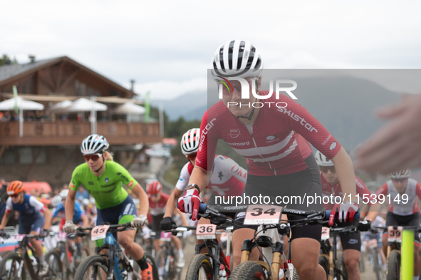 Cyclists participate in the UCI Mountain Bike World Championships Women in Pal Arinsal, Andorra, on September 1, 2024. 