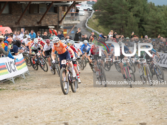 Cyclists participate in the UCI Mountain Bike World Championships Women in Pal Arinsal, Andorra, on September 1, 2024. (