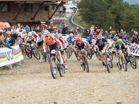 Cyclists participate in the UCI Mountain Bike World Championships Women in Pal Arinsal, Andorra, on September 1, 2024. (