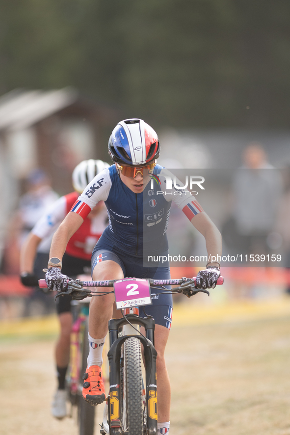 Olivia Onesti of France competes in the UCI Mountain Bike World Championships Women Under 23 in Pal Arinsal, Andorra, on September 1, 2024. 