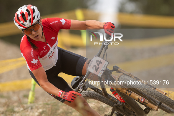 Jennifer Jackson of Canada participates in the UCI Mountain Bike World Championships Women in Pal Arinsal, Andorra, on September 1, 2024. 